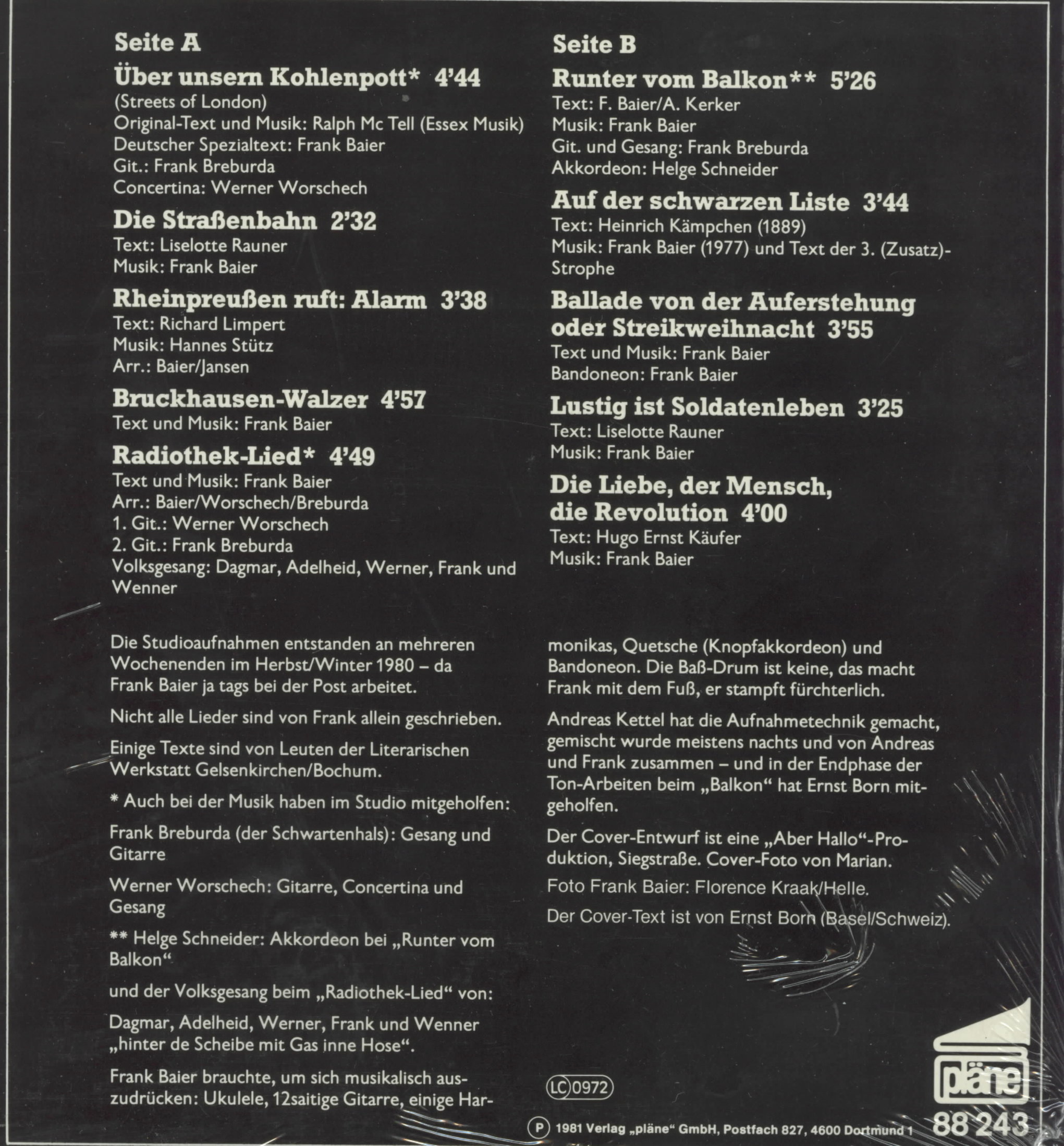 CD " Schwarze Liste " Seite A + B - die Titel